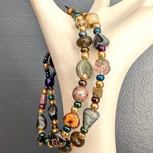 2 strand stone, glass, metal and bead bracelet